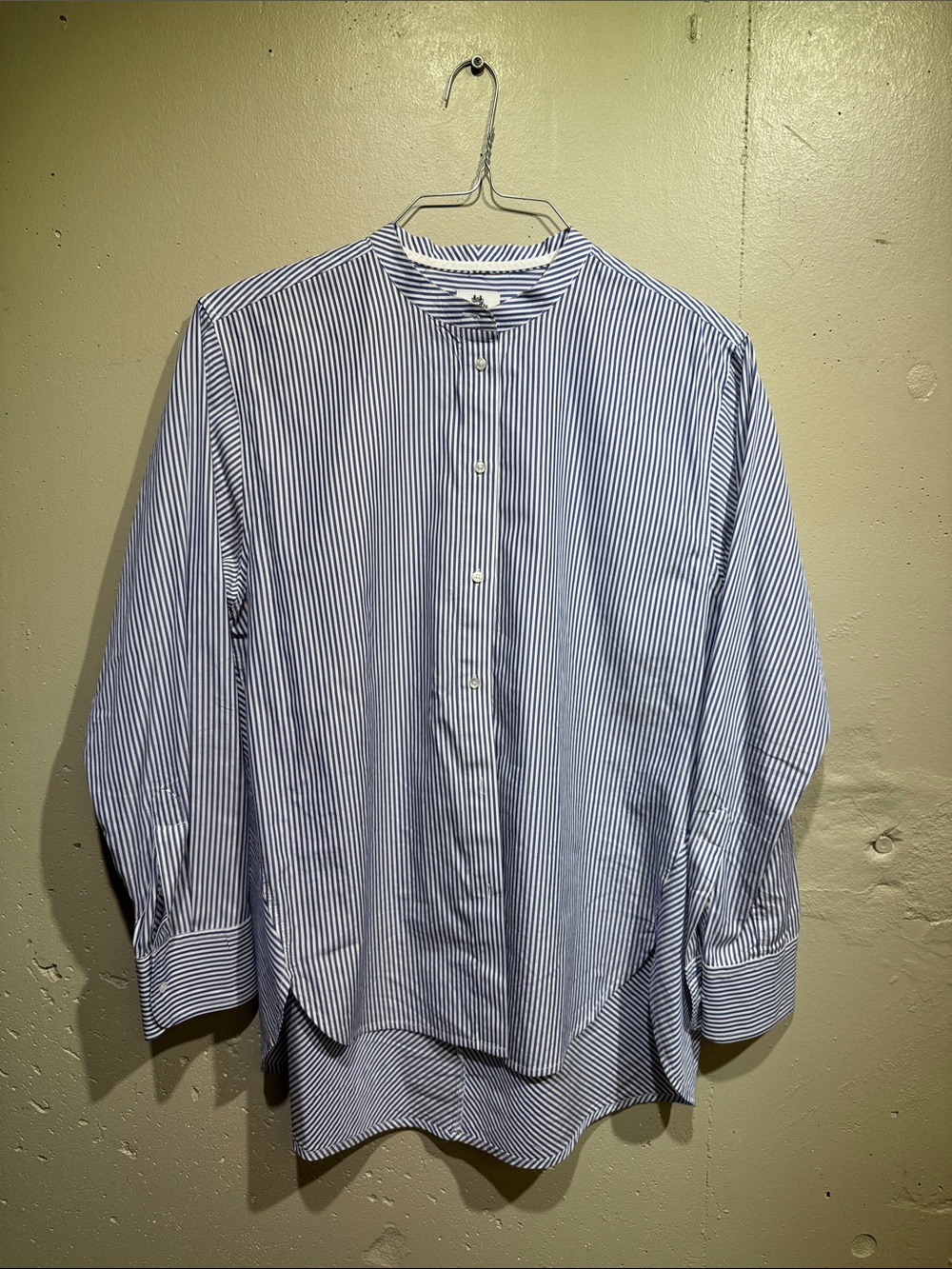 J. Crew Blue and White Striped Band-Collar Long Sleeve Shirt